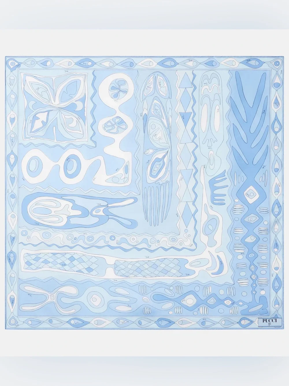 Blue Abstract Silk Scarf with White Accents